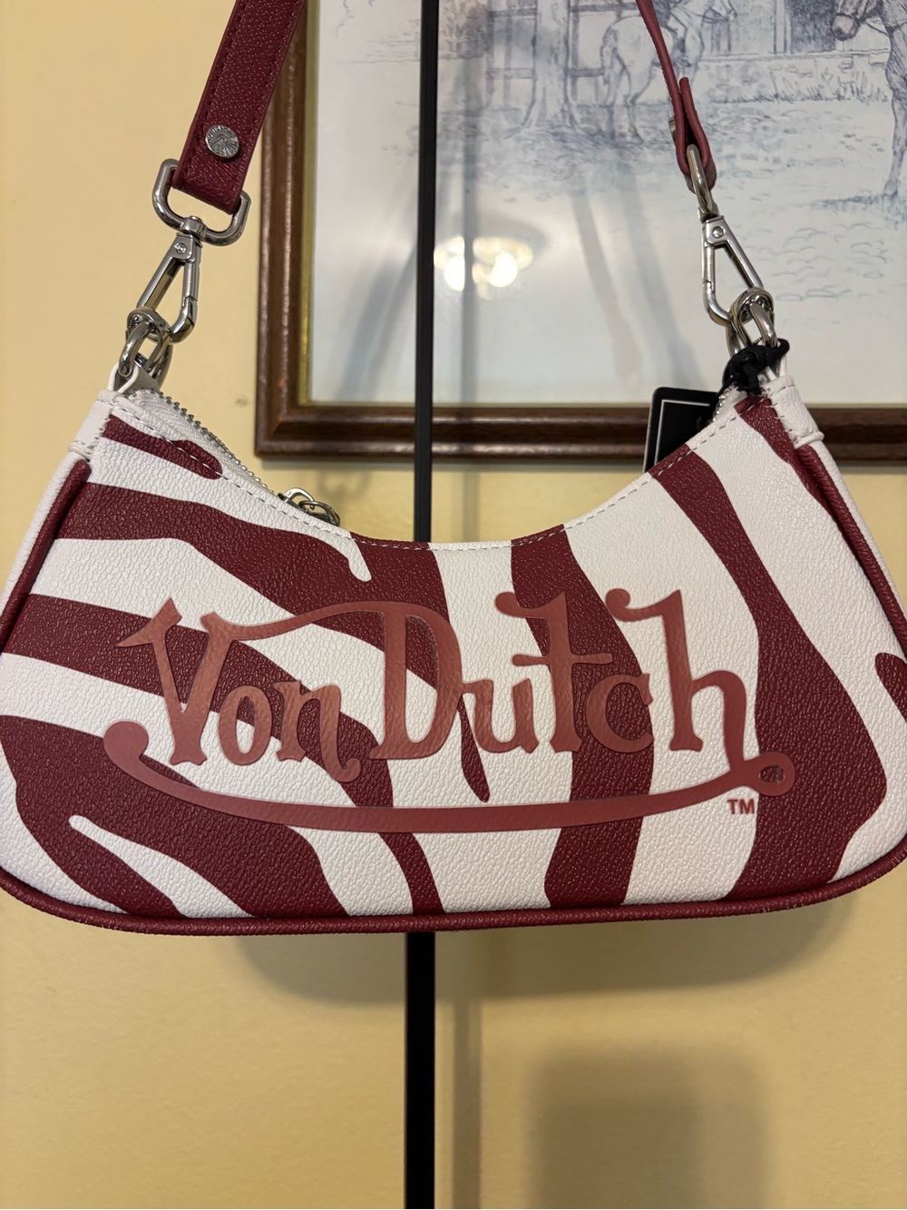 Von Dutch Burgundy and White Zebra Shoulder Bag